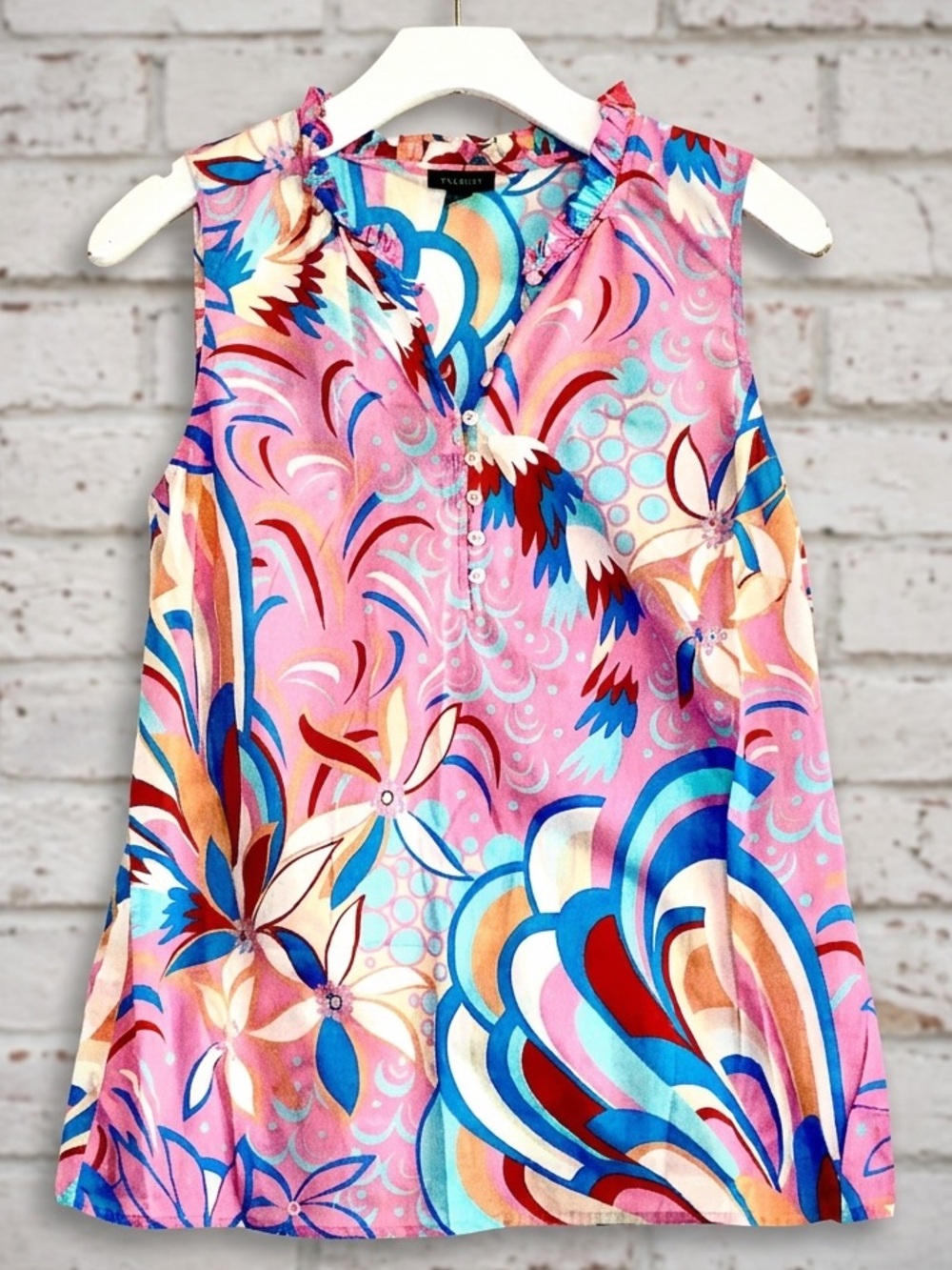 TALBOTS Pink Multi-Colored Sleeveless Ruffle V-Neck Blouse - Size Small